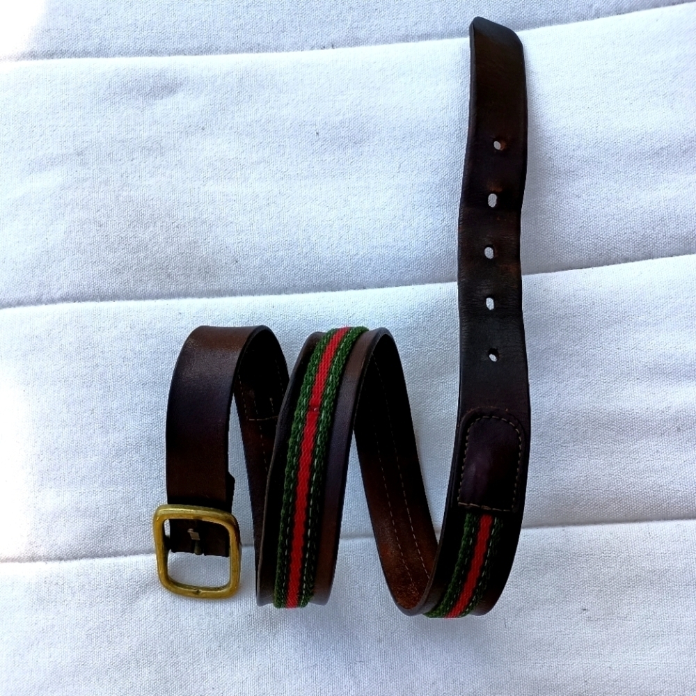 Vintage Dooney & Bourke Brown Leather Belt with Green and Red Stripes_32